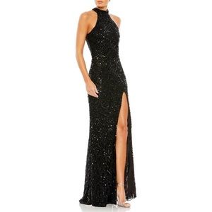 Mac Duggal 4112 Black Embellished Halter Formal Evening Dress Gown Beaded NWT
